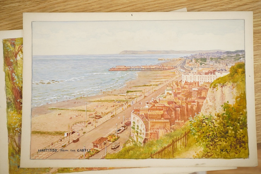 William Carruthers Affleck (1868-1943), Set of seven original watercolours for postcard designs, comprising of Hasting views, to include: ‘Sunken Gardens’, ‘Fairlight Glen’ and ‘The Pier’, 21 x 31cm